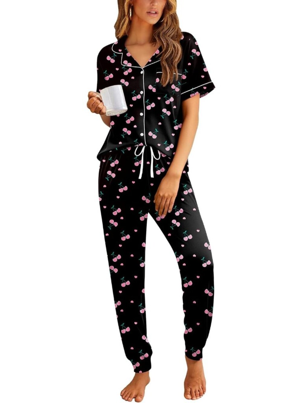 Women's Black Cherry Button Down Short Sleeve Shirt Sleepwear Pajama Set